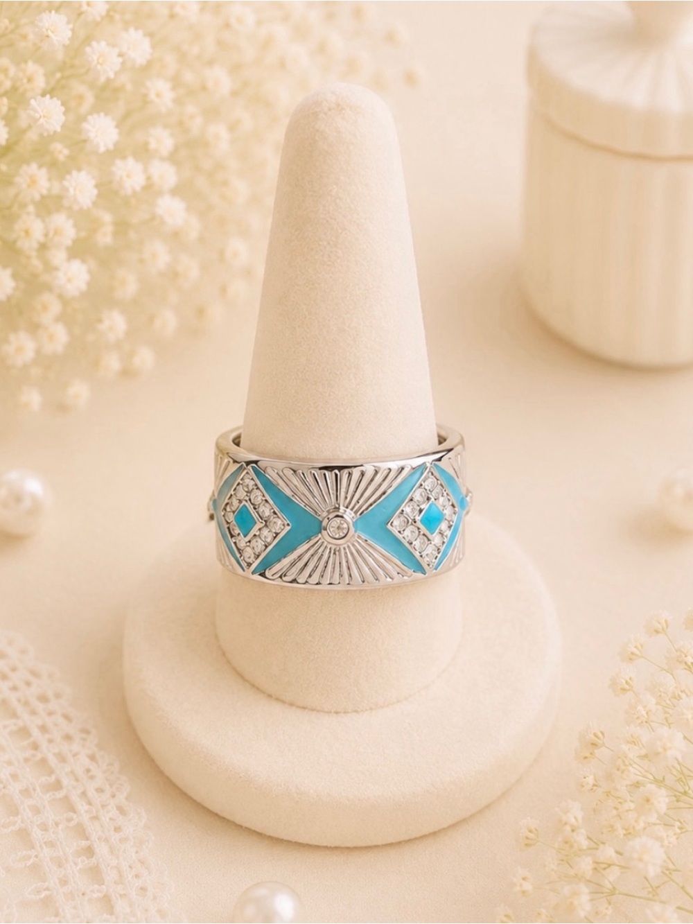 Silver Tone Turquoise Enamel Wide Band Ring size 7.5